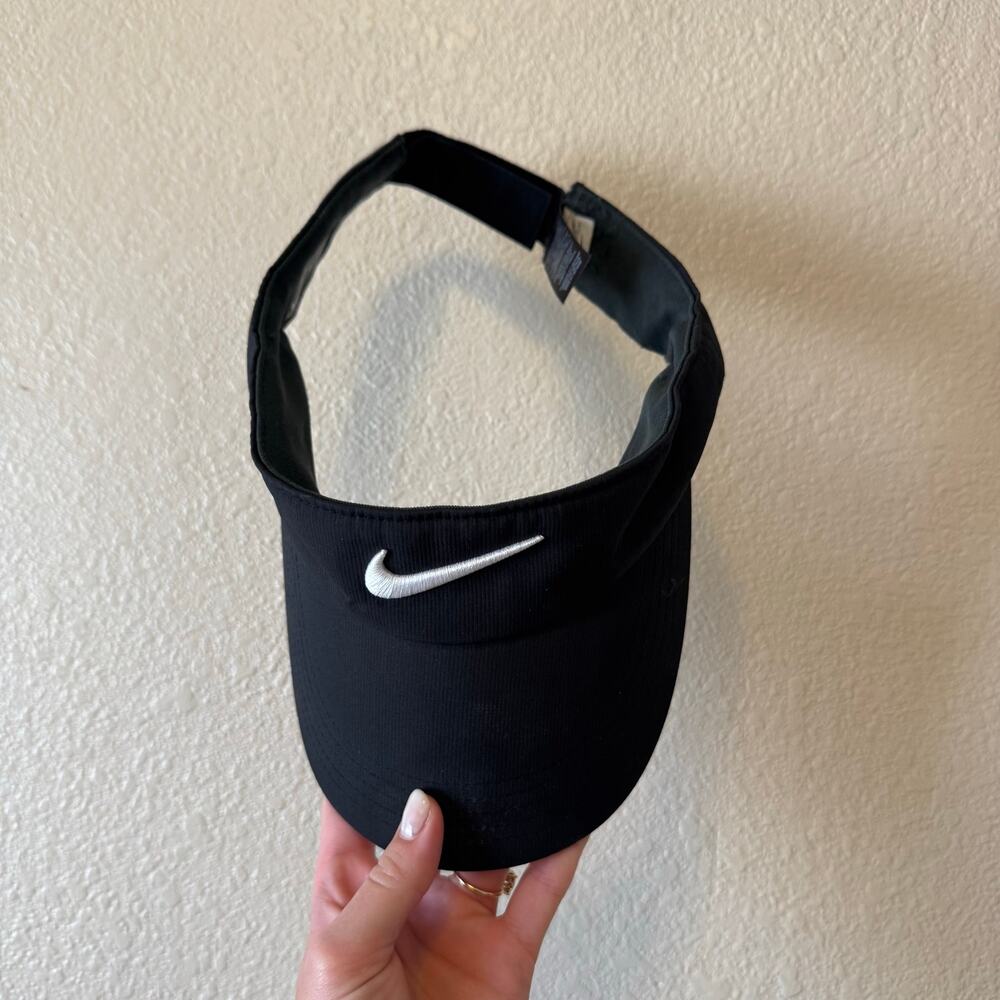 Nike Dri-FIT Black White Swoosh Adjustable Visor Hat One Size